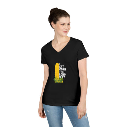Ladies' V-Neck T-Shirt — "Eat Corn the Long Way" Graphic Tee