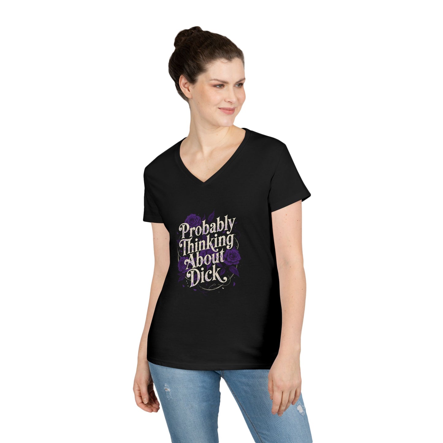Funny Ladies' V-Neck T-Shirt — "Probably Thinking About Dick" Floral Graphic