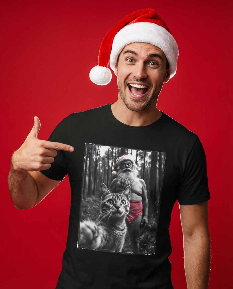 Funny Crazy Santa Cat Selfie Shirt